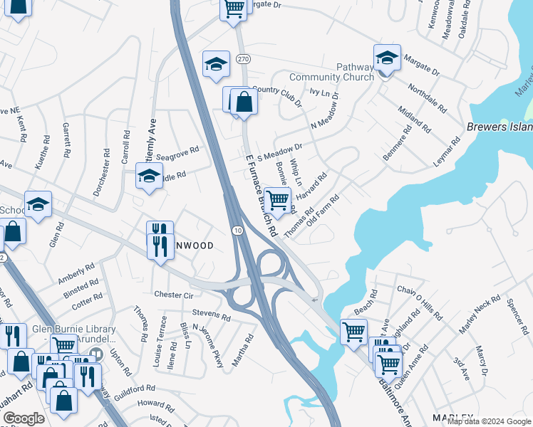 map of restaurants, bars, coffee shops, grocery stores, and more near 7493 East Furnace Branch Road in Glen Burnie