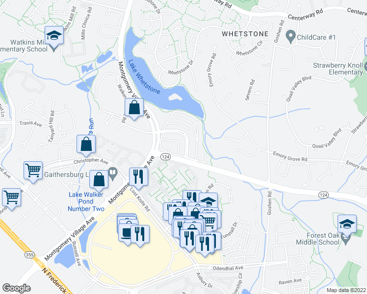 map of restaurants, bars, coffee shops, grocery stores, and more near 18637 Nathans Place in Gaithersburg