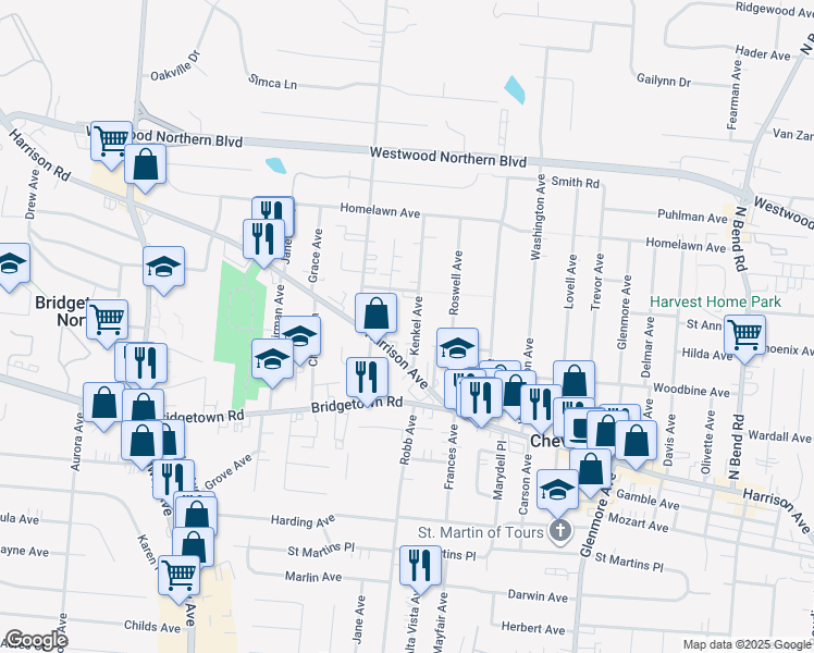 map of restaurants, bars, coffee shops, grocery stores, and more near 3937 Kenkel Avenue in Cincinnati