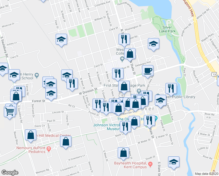 map of restaurants, bars, coffee shops, grocery stores, and more near 10 South New Street in Dover