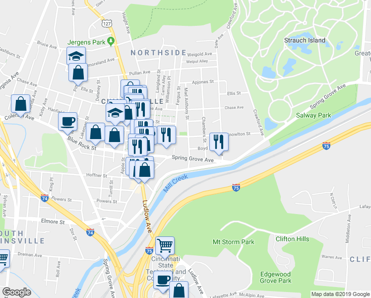 map of restaurants, bars, coffee shops, grocery stores, and more near 4117 Mad Anthony Street in Cincinnati