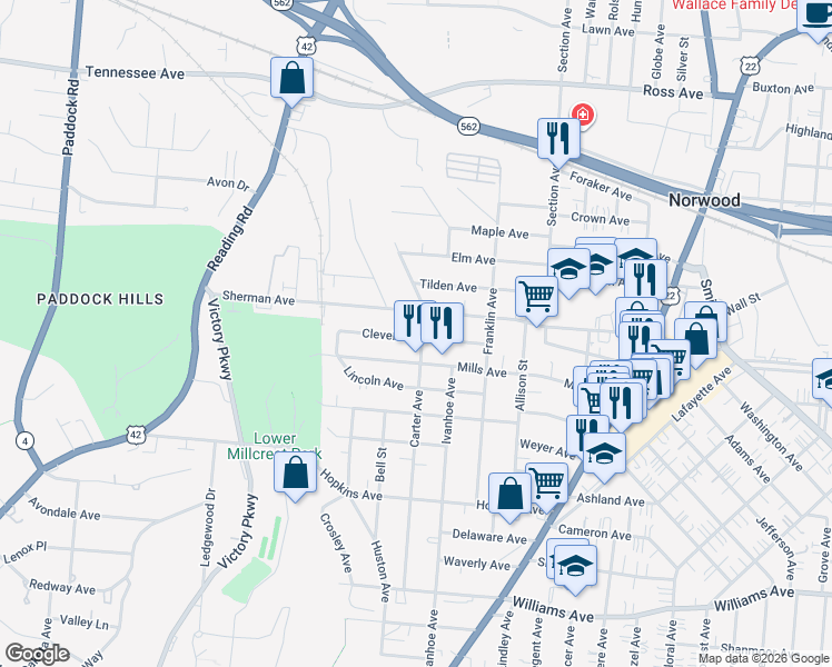 map of restaurants, bars, coffee shops, grocery stores, and more near 4522 Carter Avenue in Cincinnati