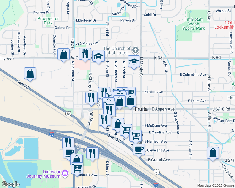 map of restaurants, bars, coffee shops, grocery stores, and more near 206 East Pabor Avenue in Fruita