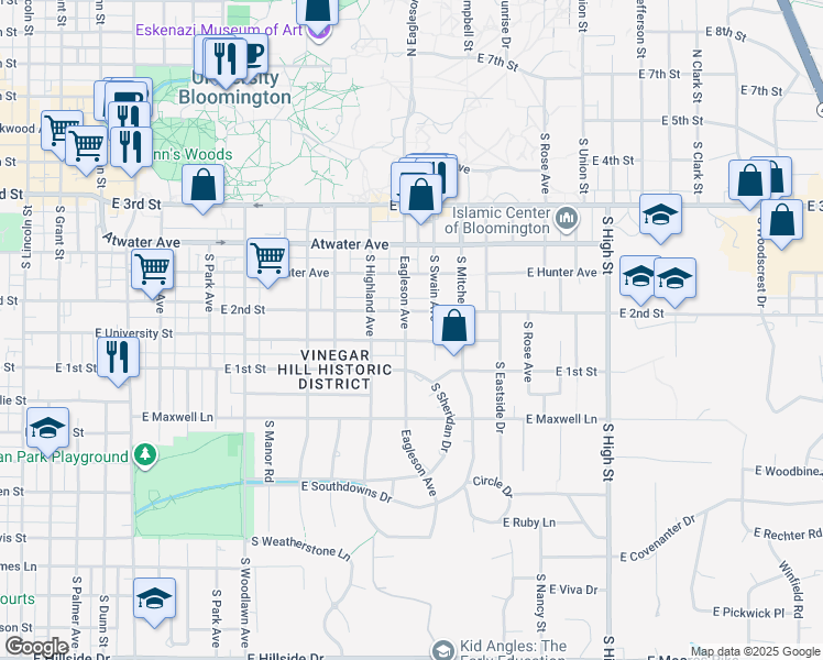 map of restaurants, bars, coffee shops, grocery stores, and more near 616 South Swain Avenue in Bloomington