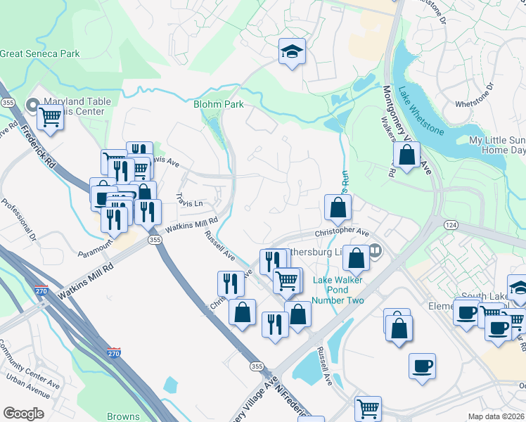map of restaurants, bars, coffee shops, grocery stores, and more near 1535 Tanyard Hill Road in Gaithersburg