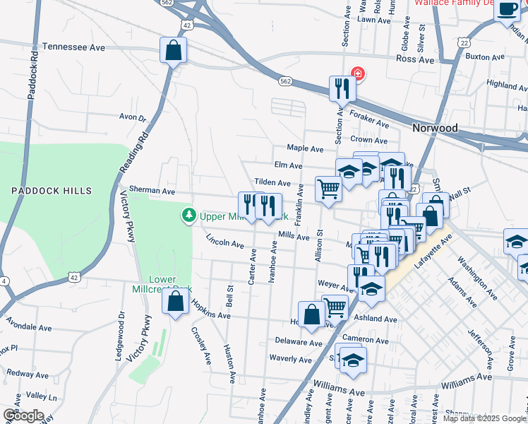 map of restaurants, bars, coffee shops, grocery stores, and more near 4522 Carter Avenue in Cincinnati