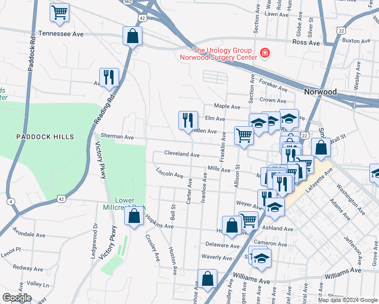 map of restaurants, bars, coffee shops, grocery stores, and more near 4522 Carter Avenue in Cincinnati