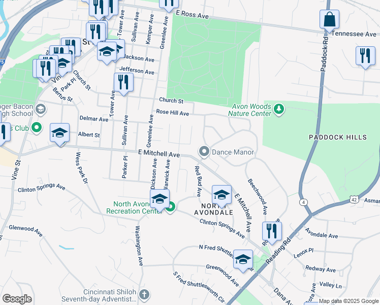 map of restaurants, bars, coffee shops, grocery stores, and more near 620 East Mitchell Avenue in Cincinnati