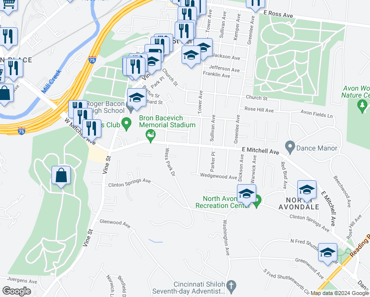 map of restaurants, bars, coffee shops, grocery stores, and more near 149 East Mitchell Avenue in Cincinnati