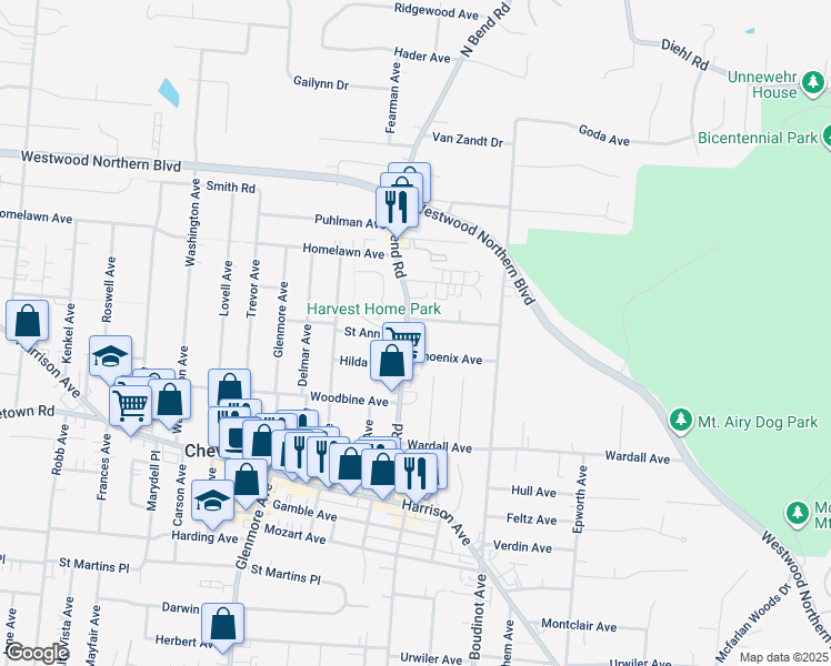 map of restaurants, bars, coffee shops, grocery stores, and more near 3946 North Bend Road in Cincinnati