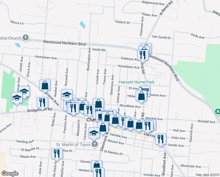 map of restaurants, bars, coffee shops, grocery stores, and more near 3944 Glenmore Avenue in Cincinnati