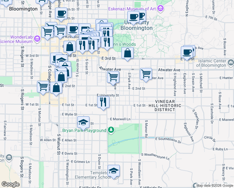 map of restaurants, bars, coffee shops, grocery stores, and more near 624 South Fess Avenue in Bloomington