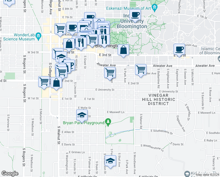 map of restaurants, bars, coffee shops, grocery stores, and more near 624 South Fess Avenue in Bloomington