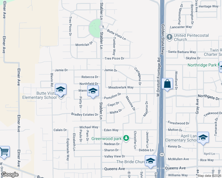 map of restaurants, bars, coffee shops, grocery stores, and more near 1632 Meadowlark Way in Yuba City