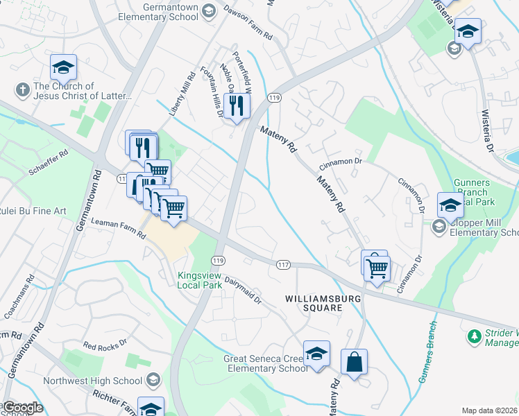 map of restaurants, bars, coffee shops, grocery stores, and more near 13235 Autumn Mist Circle in Germantown