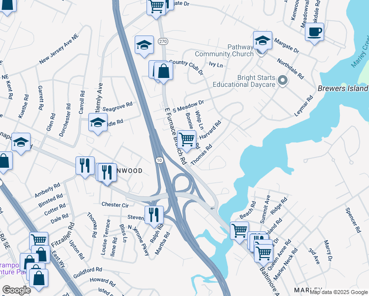 map of restaurants, bars, coffee shops, grocery stores, and more near 7491 East Furnace Branch Road in Glen Burnie