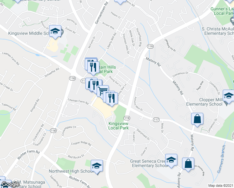 map of restaurants, bars, coffee shops, grocery stores, and more near 18606 Little Star Lane in Germantown