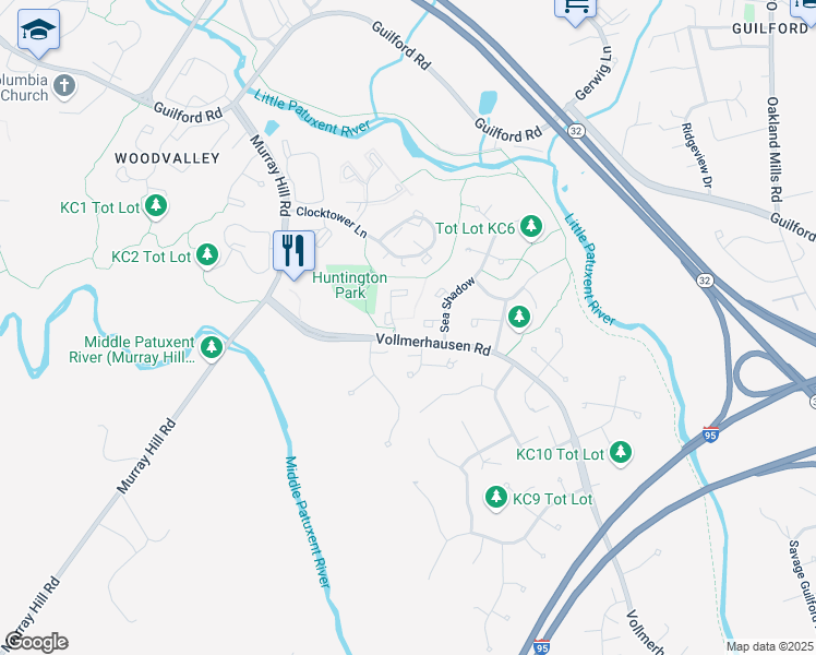 map of restaurants, bars, coffee shops, grocery stores, and more near 9708 Early Spring Way in Columbia