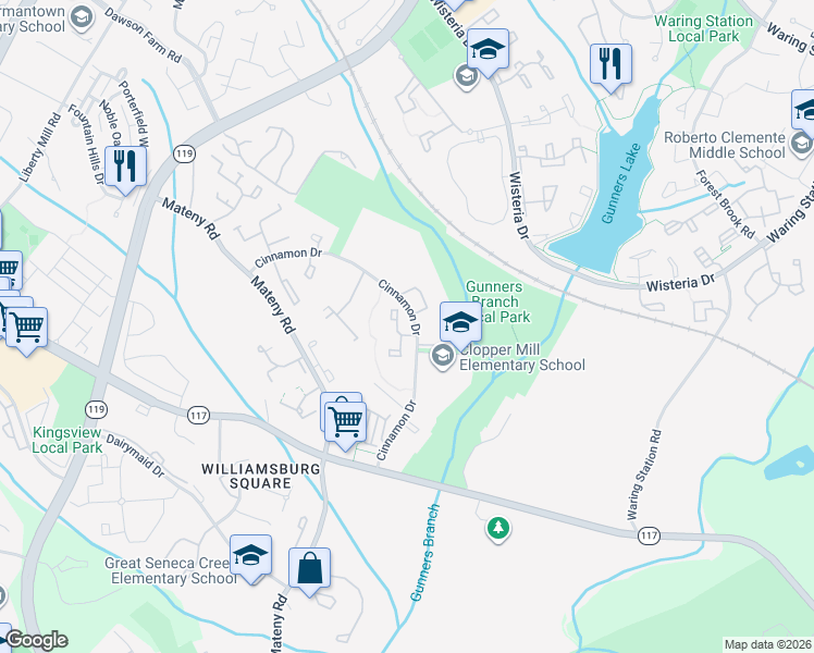map of restaurants, bars, coffee shops, grocery stores, and more near 18607 Bay Leaf Way in Germantown