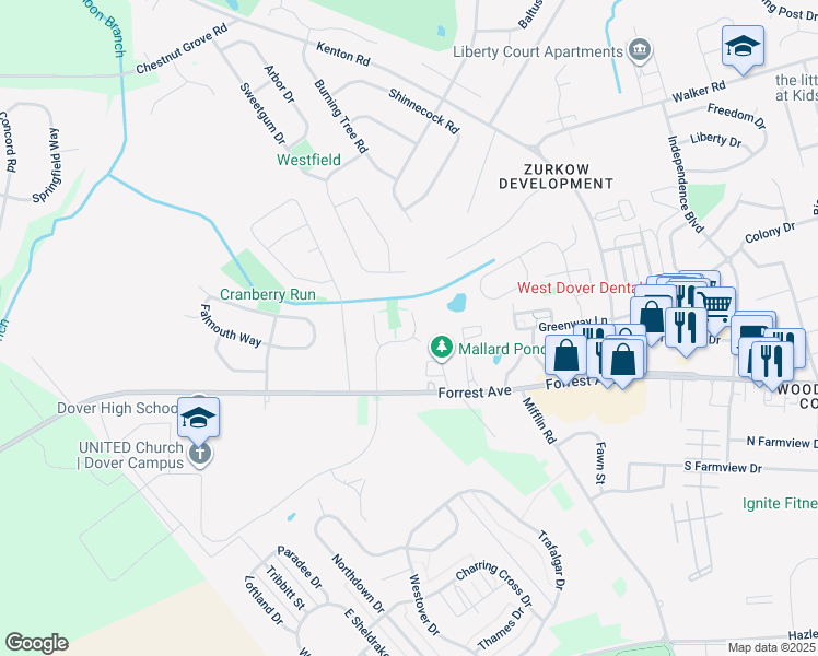 map of restaurants, bars, coffee shops, grocery stores, and more near 30 Heatherfield Way in Dover