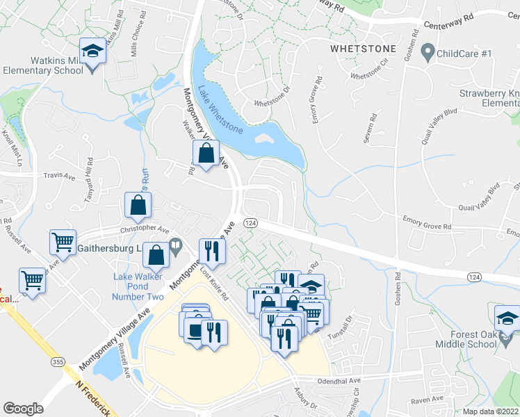 map of restaurants, bars, coffee shops, grocery stores, and more near 33 Docena Court in Gaithersburg