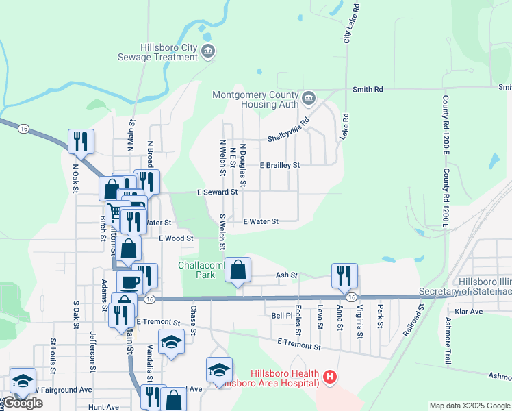 map of restaurants, bars, coffee shops, grocery stores, and more near 222 South Grant Street in Hillsboro