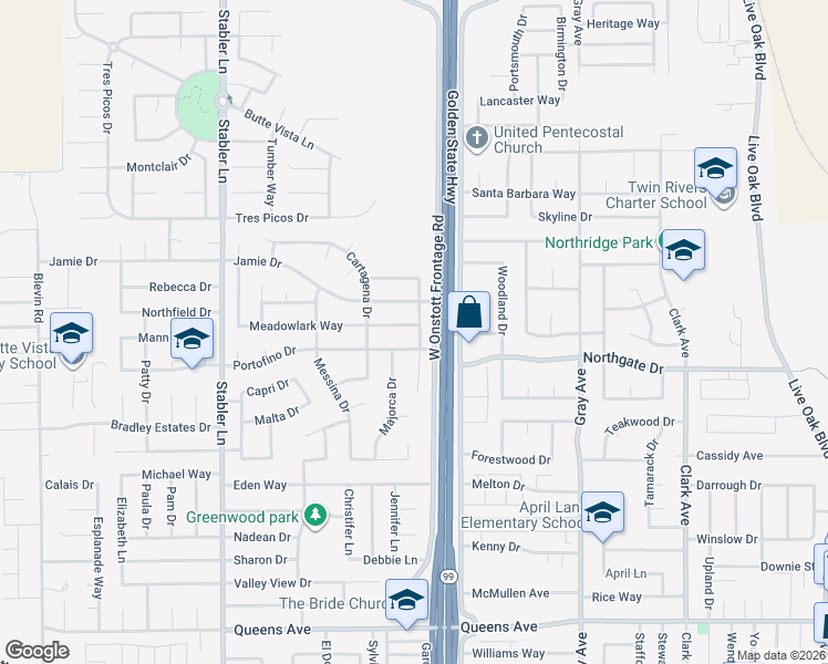 map of restaurants, bars, coffee shops, grocery stores, and more near 1310 Meadowlark Way in Yuba City