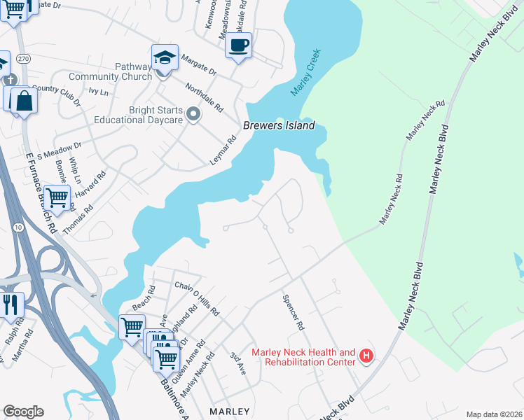 map of restaurants, bars, coffee shops, grocery stores, and more near 223 Osprey Landing Drive in Glen Burnie