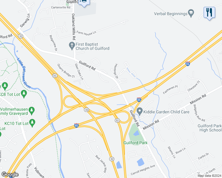 map of restaurants, bars, coffee shops, grocery stores, and more near 9668 Guilford Road in Columbia