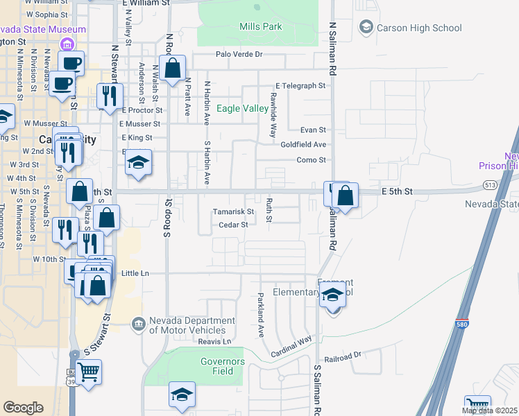 map of restaurants, bars, coffee shops, grocery stores, and more near 1222 Tamarisk Street in Carson City
