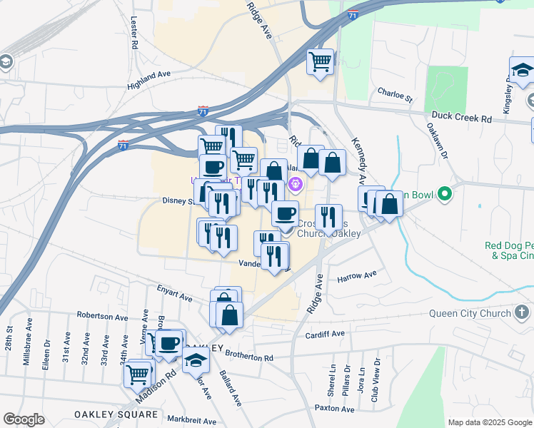 map of restaurants, bars, coffee shops, grocery stores, and more near 4690 Marburg Avenue in Cincinnati