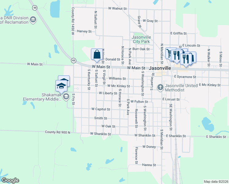 map of restaurants, bars, coffee shops, grocery stores, and more near 320 South Levy Street in Jasonville