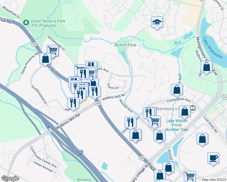 map of restaurants, bars, coffee shops, grocery stores, and more near 1028 Travis Lane in Gaithersburg
