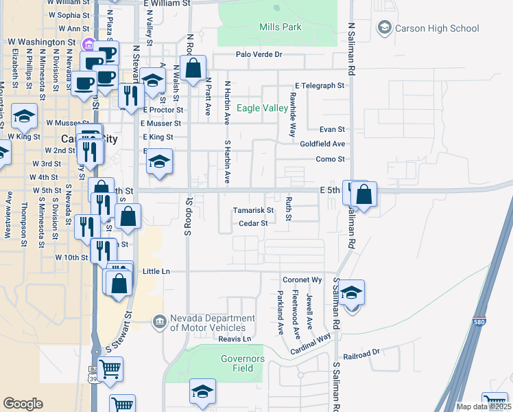 map of restaurants, bars, coffee shops, grocery stores, and more near 1124 Tamarisk Street in Carson City