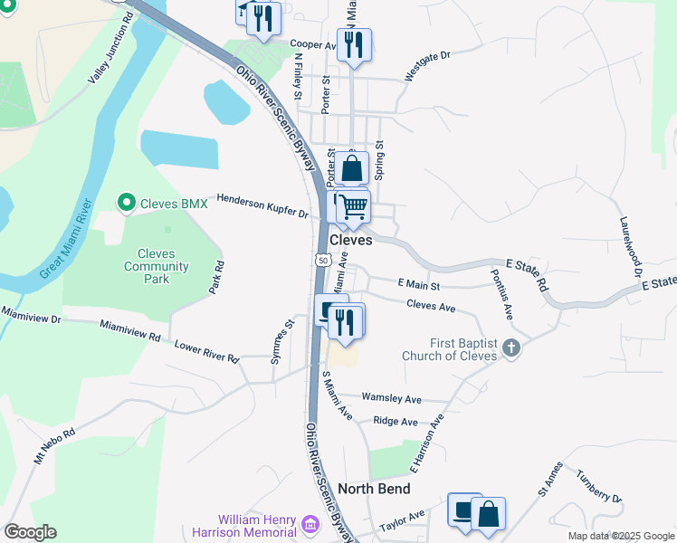 map of restaurants, bars, coffee shops, grocery stores, and more near 115 South Miami Avenue in Cleves