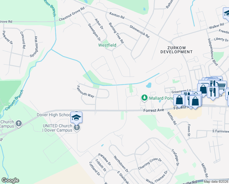 map of restaurants, bars, coffee shops, grocery stores, and more near 28 Stoney Dr in Dover
