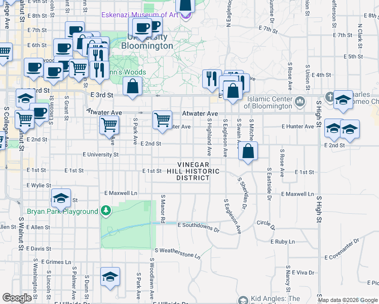 map of restaurants, bars, coffee shops, grocery stores, and more near 1001 East University Street in Bloomington