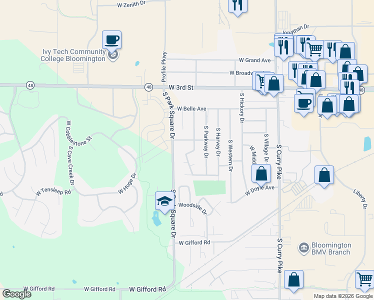 map of restaurants, bars, coffee shops, grocery stores, and more near 720 South Westwood Drive in Bloomington