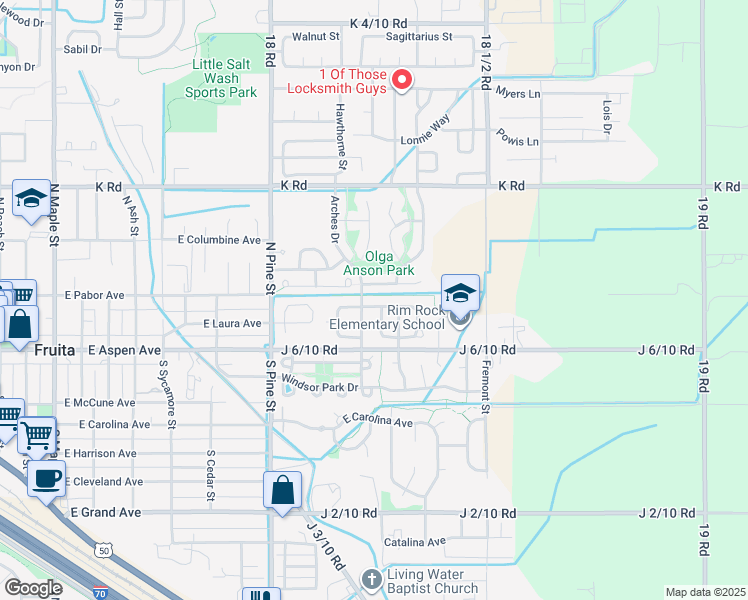 map of restaurants, bars, coffee shops, grocery stores, and more near 1181 Claremont Drive in Fruita