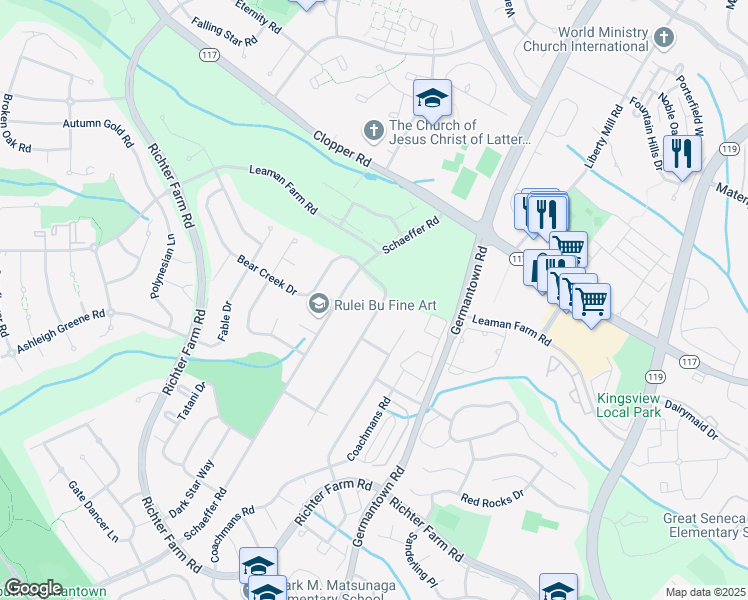 map of restaurants, bars, coffee shops, grocery stores, and more near 18516 Kingshill Road in Germantown