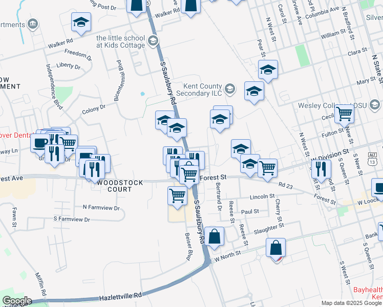 map of restaurants, bars, coffee shops, grocery stores, and more near 51 Saulsbury Road in Dover