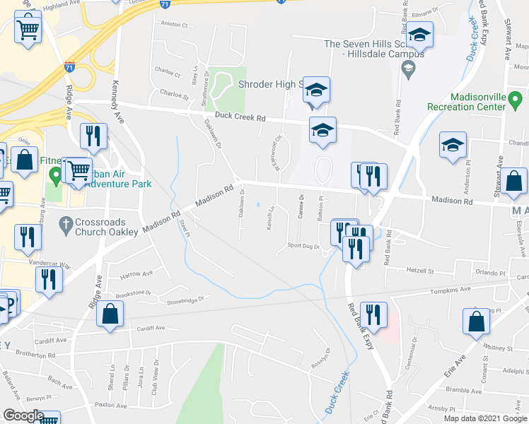 map of restaurants, bars, coffee shops, grocery stores, and more near 4959 Kelsch Lane in Cincinnati