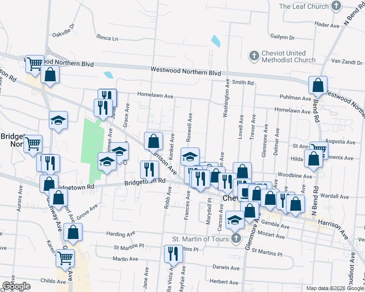 map of restaurants, bars, coffee shops, grocery stores, and more near 3923 Roswell Avenue in Cincinnati