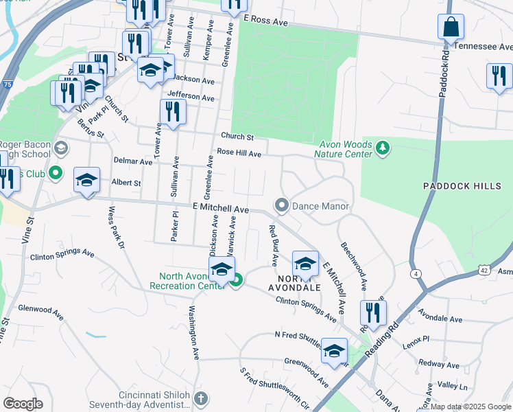 map of restaurants, bars, coffee shops, grocery stores, and more near 620 East Mitchell Avenue in Cincinnati