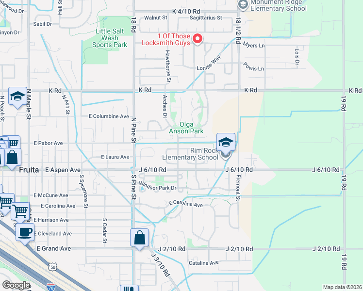 map of restaurants, bars, coffee shops, grocery stores, and more near 1167 Claremont Drive in Fruita