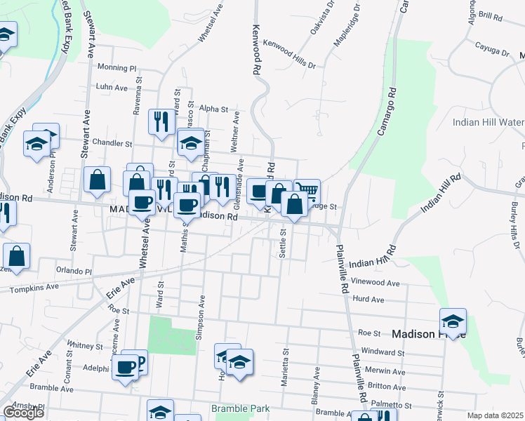 map of restaurants, bars, coffee shops, grocery stores, and more near 5011 Kenwood Road in Cincinnati