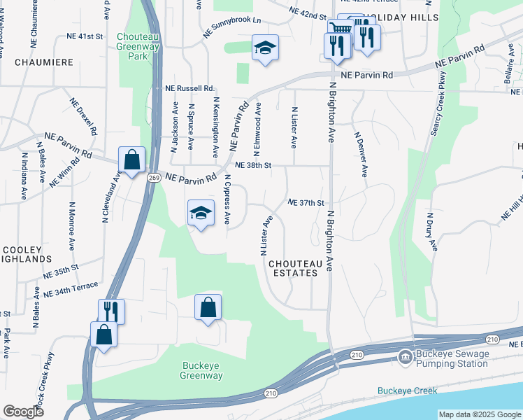 map of restaurants, bars, coffee shops, grocery stores, and more near 4601 Northeast 37th Street in Kansas City