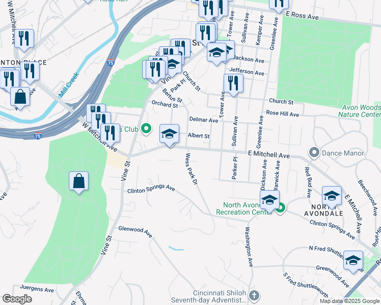 map of restaurants, bars, coffee shops, grocery stores, and more near 123 East Mitchell Avenue in Saint Bernard