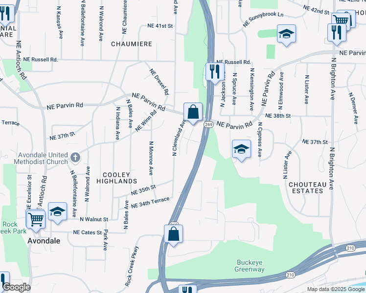 map of restaurants, bars, coffee shops, grocery stores, and more near 3612 Northeast Chouteau Parkway in Kansas City