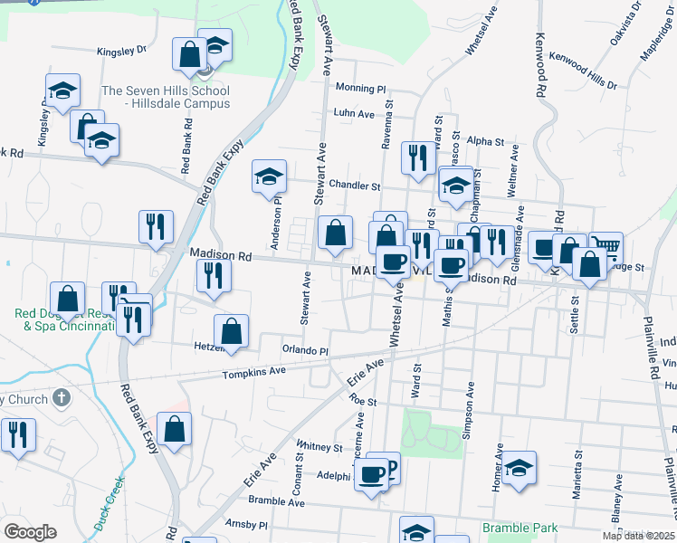 map of restaurants, bars, coffee shops, grocery stores, and more near 5629 Madison Road in Cincinnati